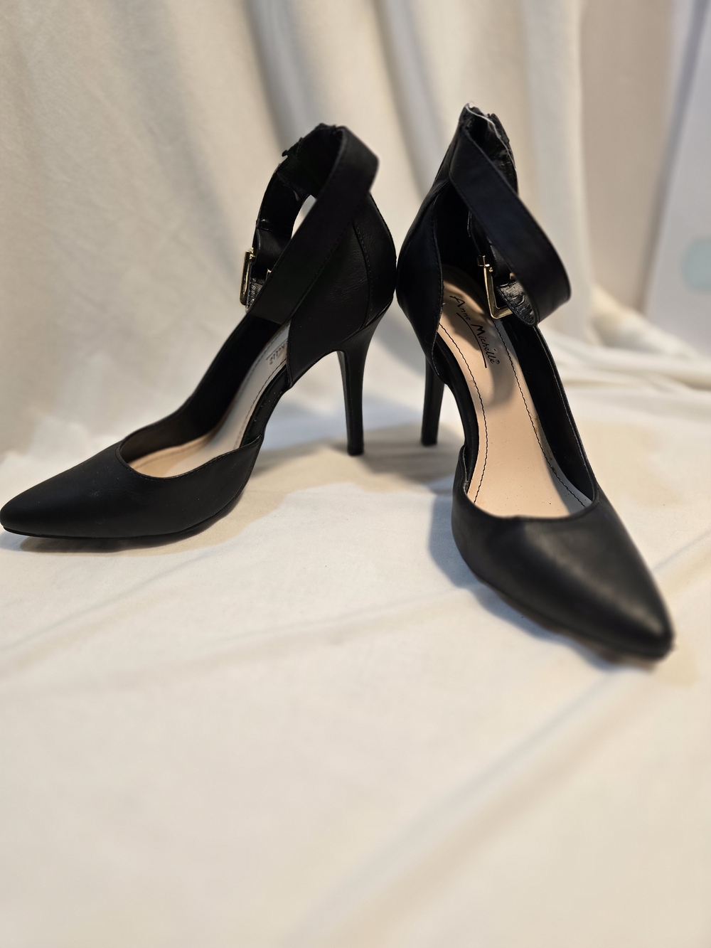 Anne Michelle Black Pointed Ankle-Strap Stiletto Heels